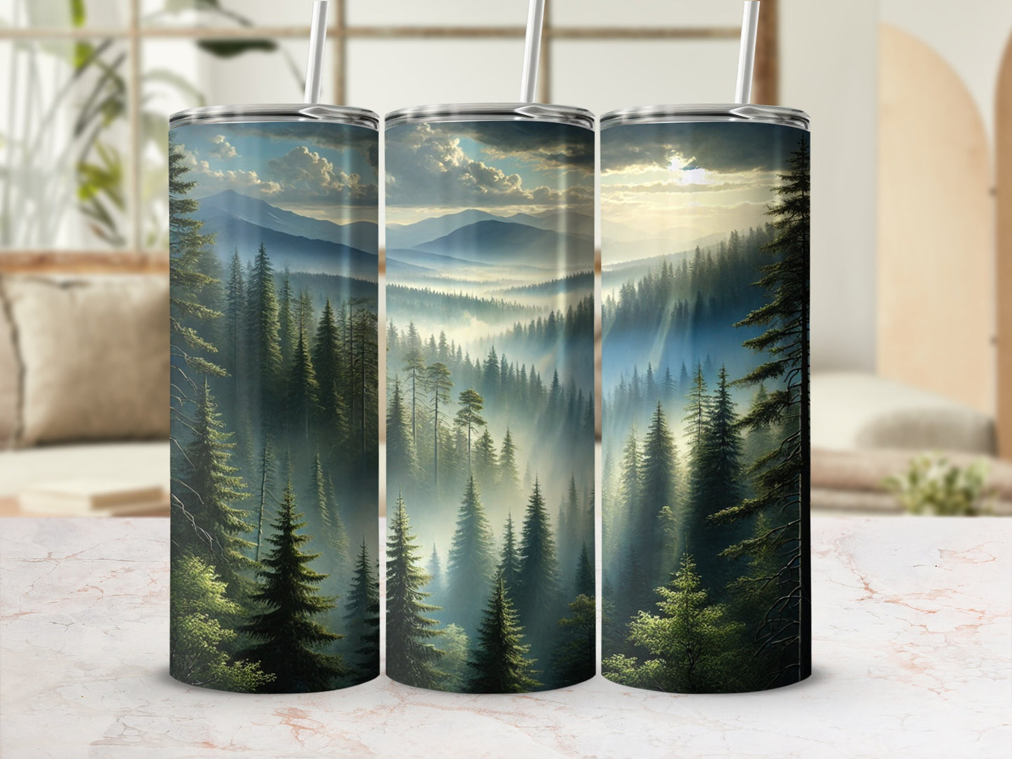 Scenic Pine Forest Landscape Tumbler with Straw