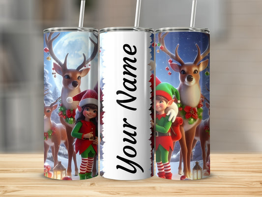 Personalized Christmas Elf and Reindeer Tumbler