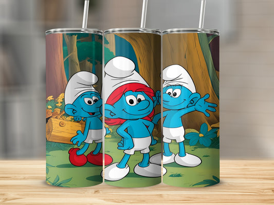Three Smurfs with white hats and red and blue outfits stand in a forest setting.