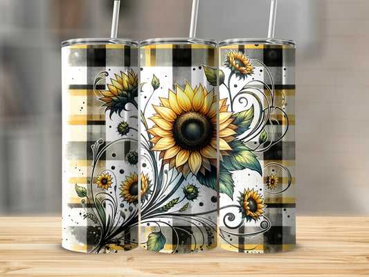Sunflower tumbler with yellow and black plaid background.