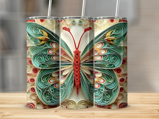 Three tumblers with quilled paper butterfly designs.