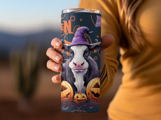 Cute Halloween Cow With Pumpkin Design Tumbler Cup