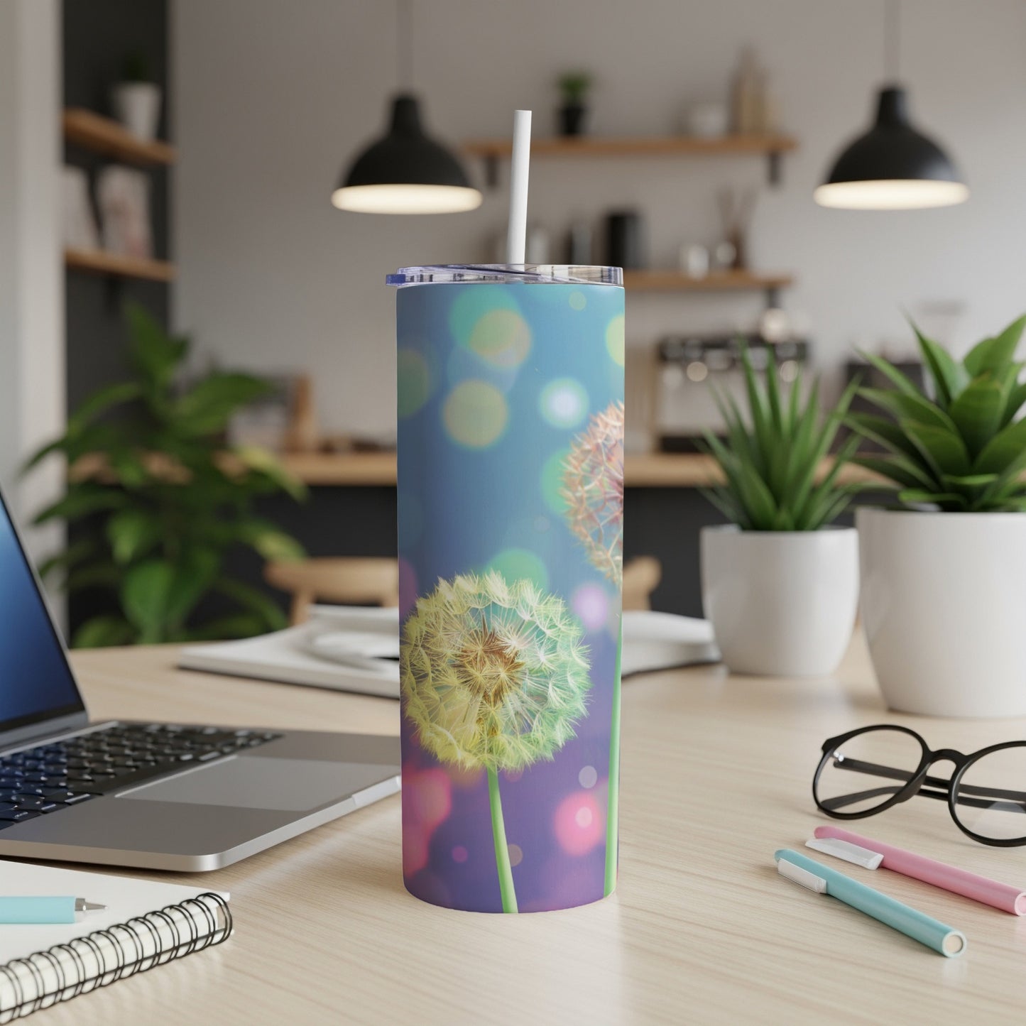 Tumbler with dandelion design and straw, on a desk with laptop and pens.