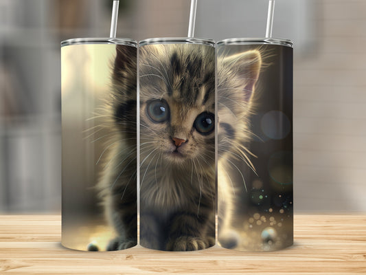 Three skinny tumblers with a kitten illustration against a blurred background.