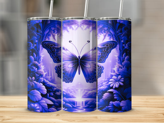 Blue butterfly and floral pattern on three tumblers.