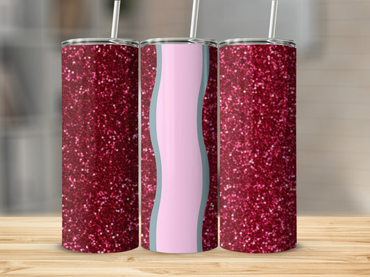 Three glittery tumblers, two with red glitter, one with blue and pink waves.