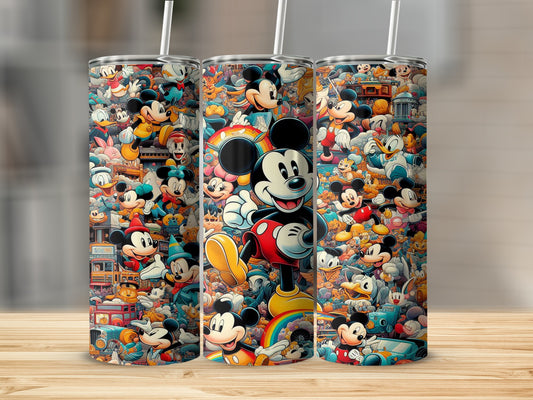 Mickey Mouse collage with various characters and park scenes on a tumbler.