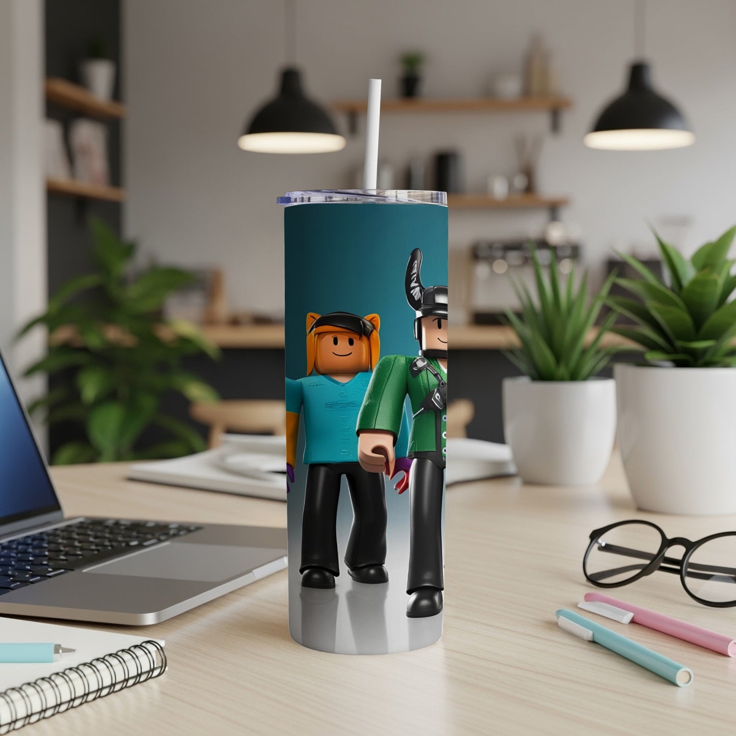 Roblox characters with arms raised on a blue background, on a tumbler.