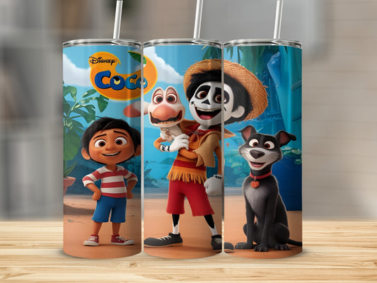 Miguel, Hector, and Dante from Disney's Coco on a tumbler.