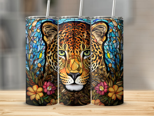 Leopard stained glass design on three tumblers with floral accents.