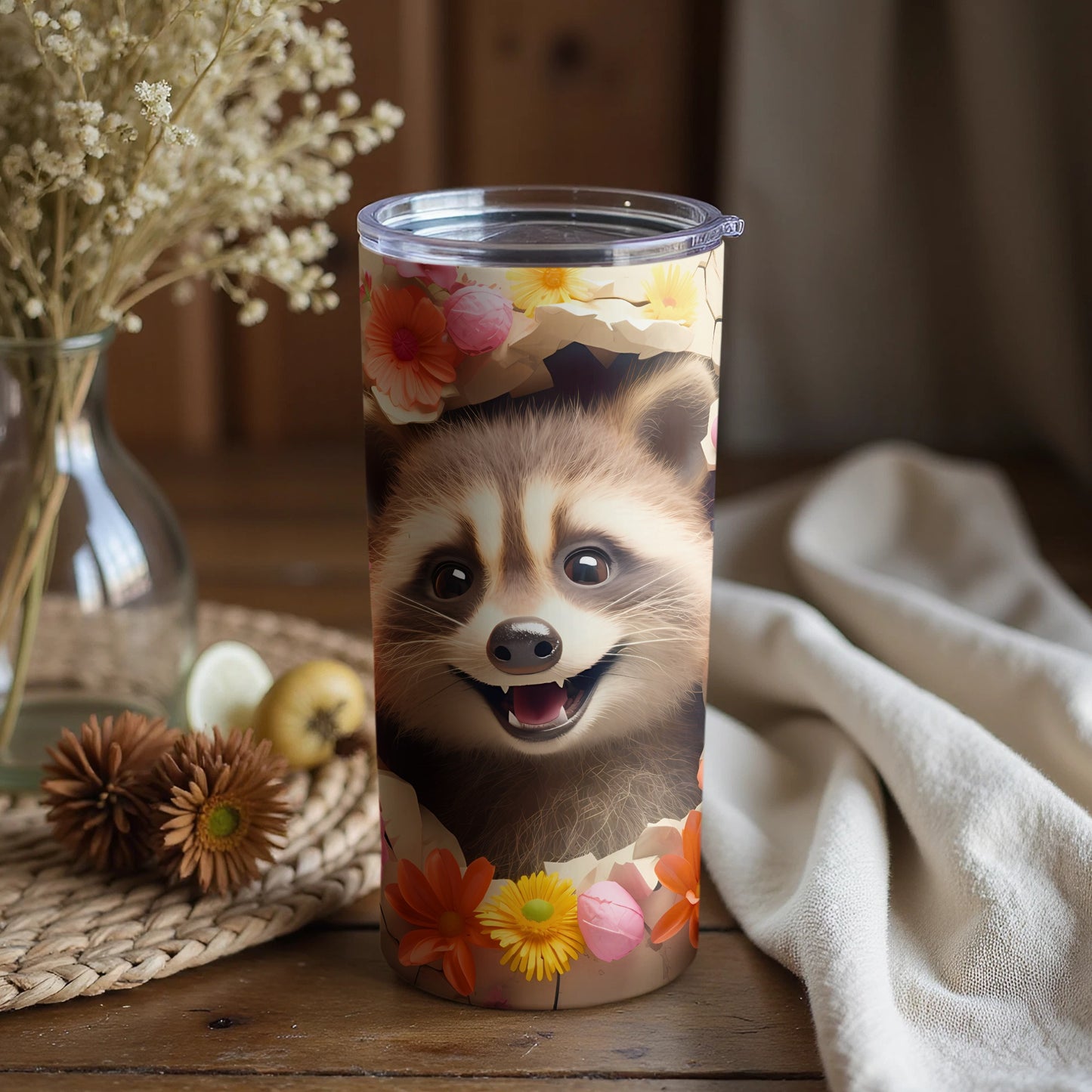 Smiling Raccoon Floral Design Happy Tumbler product type
Raccoon
Animal
Cute Raccoon
Happy Raccoon
Floral Print
Flowers
Blossoms
Nature Inspired
Smiling Face
Beverage Container
Drinkware
Tumbler
Insulated Tumbler
Coffee Tumbler
Travel Tumbler
Gift Idea
Unique Design
Wildlife Art
Spring Flowers
Easter Theme