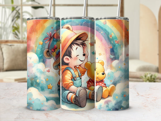 Whimsical Child and Teddy Bear Rainbow Tumbler Cup