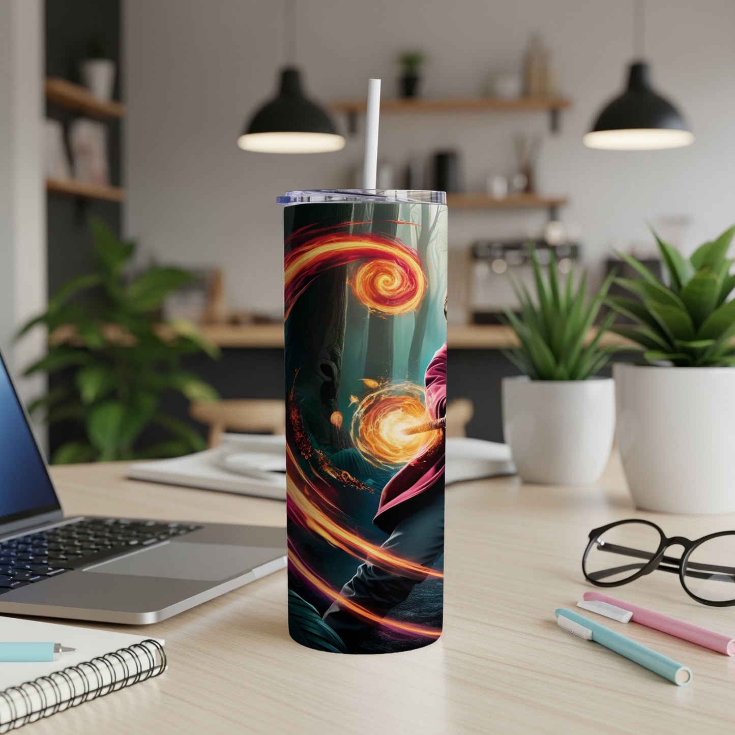 Tumbler with swirling fire orb and wizard in a dark forest scene.