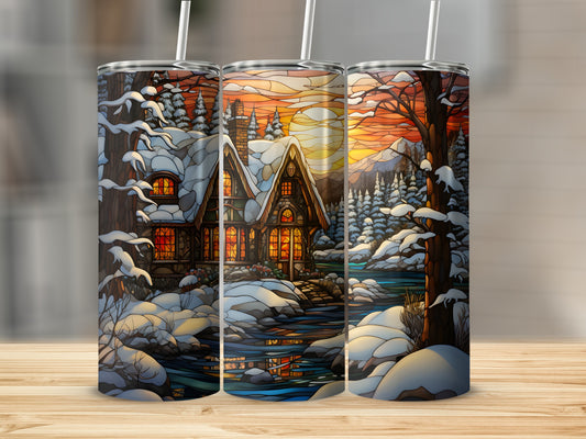 Winter cabin stained glass scene with snowy trees and sunset.