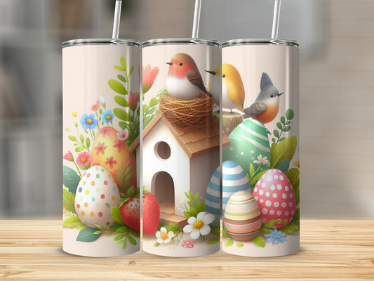 Easter themed tumbler with birds, eggs, and strawberries.