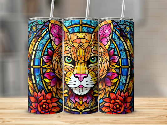 Stained glass tumbler design featuring a colorful lion face with floral accents.