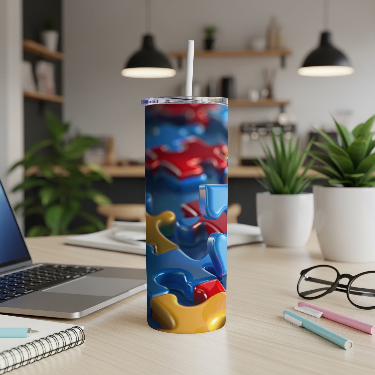 Blue tumbler with scattered red and yellow puzzle pieces.