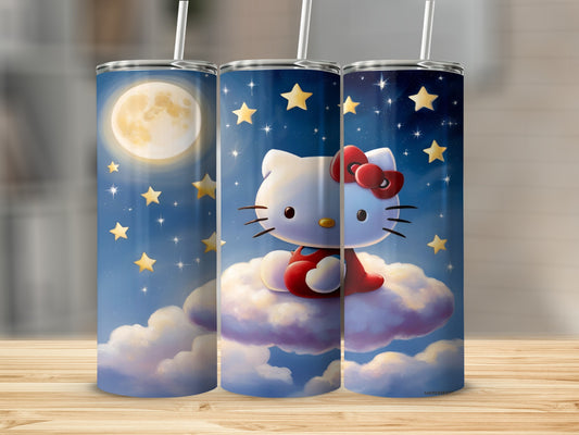 Hello Kitty on a cloud under a starry night sky with a large moon.