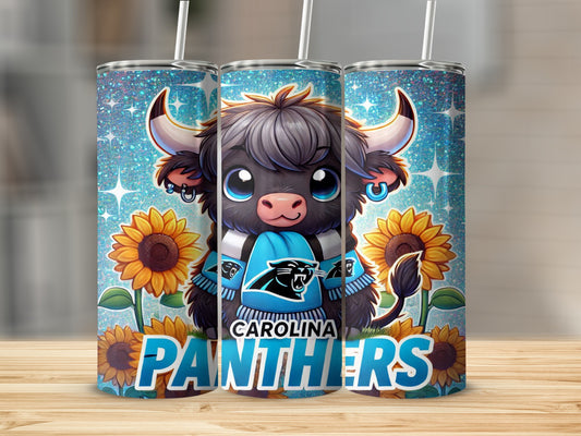Carolina Panthers bull character with sunflowers on a tumbler.