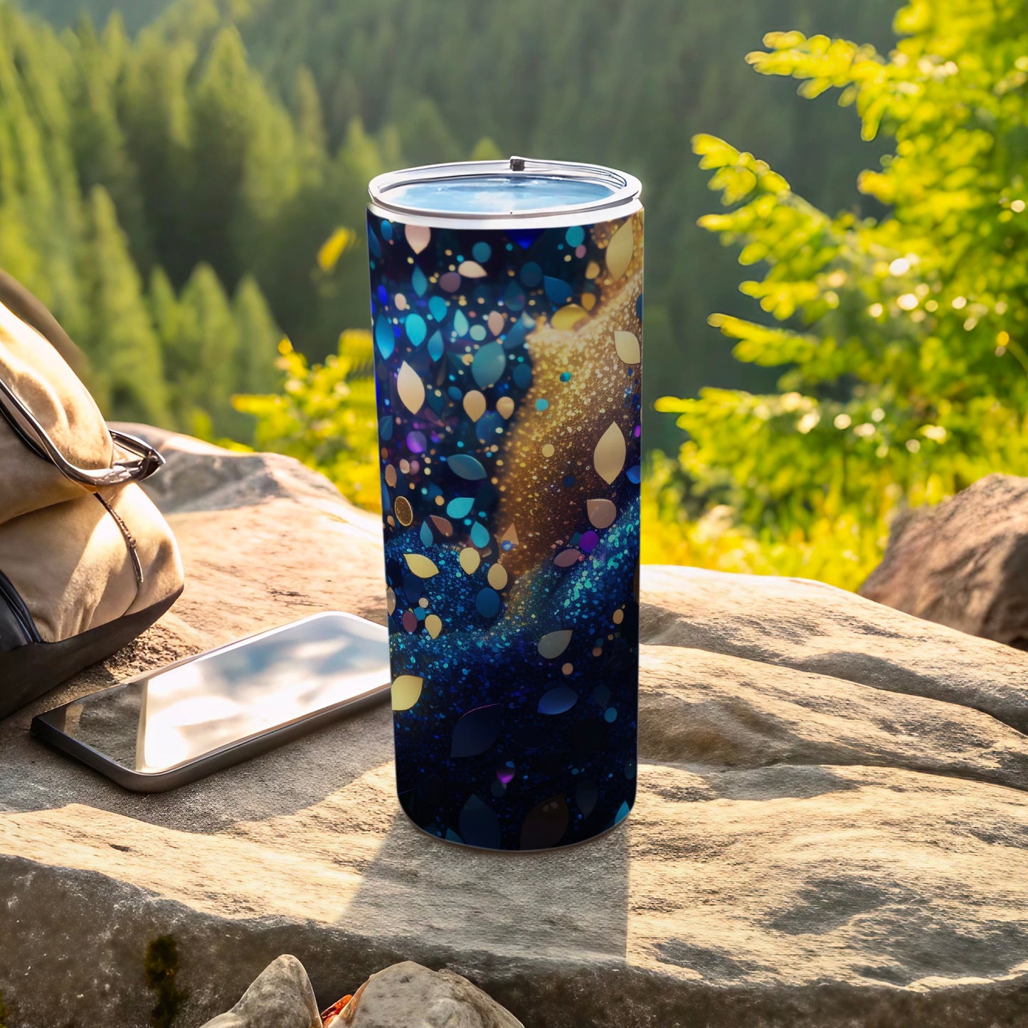 Sparkling Blue Gold Galaxy Leaf Motif Travel Tumbler product type