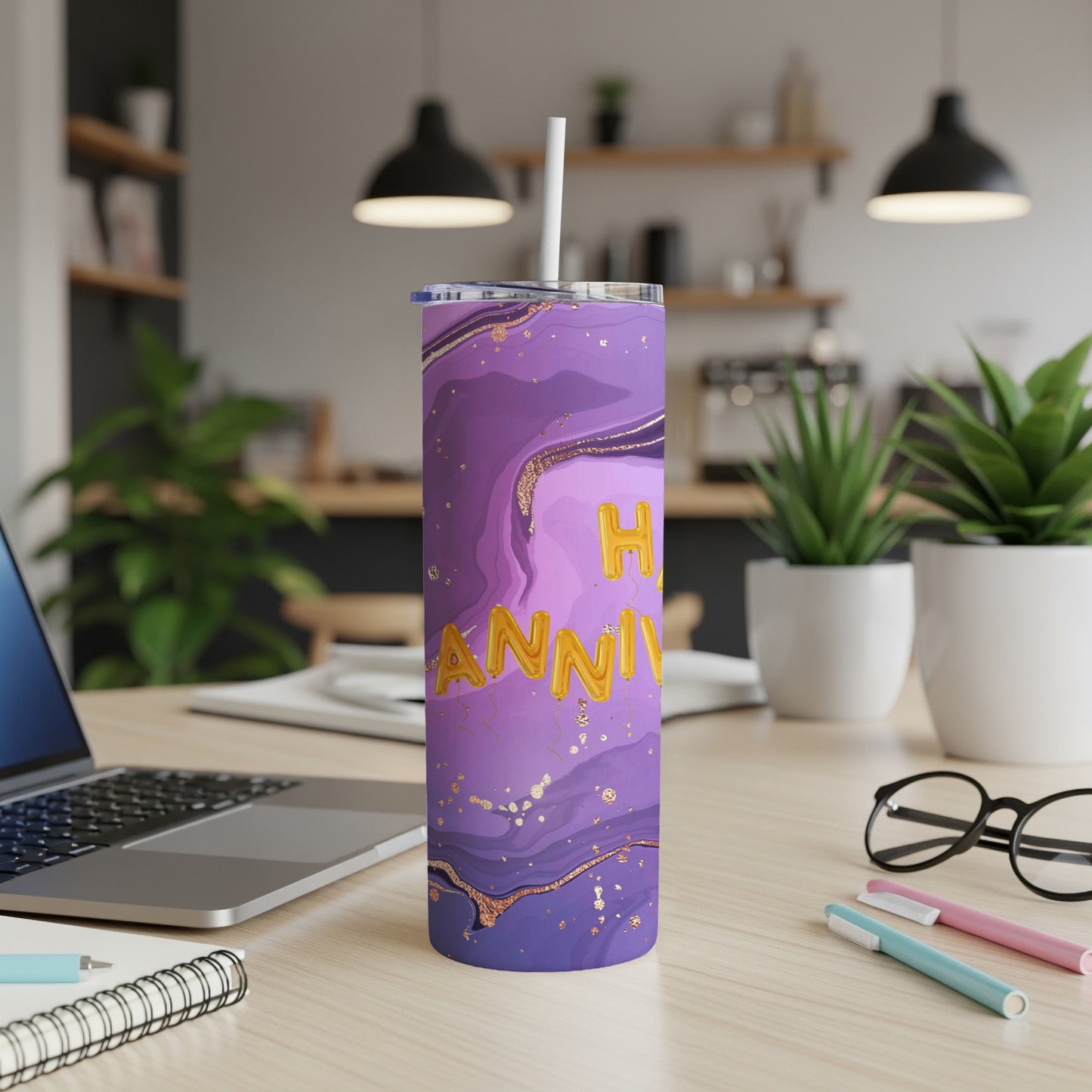 Purple tumbler with "Happy Anniversary" text and marble pattern.