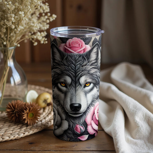 Intricately Detailed Wolf and Roses Travel Tumbler