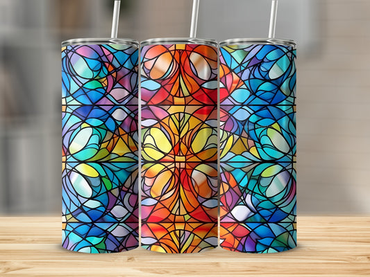 Three tumblers with a stained-glass pattern in blues, oranges, and purples.
