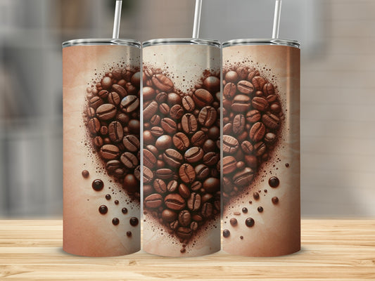 Tumbler with a heart made of coffee beans against a muted brown background.