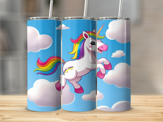 White unicorn with rainbow mane and tail flying amongst clouds.