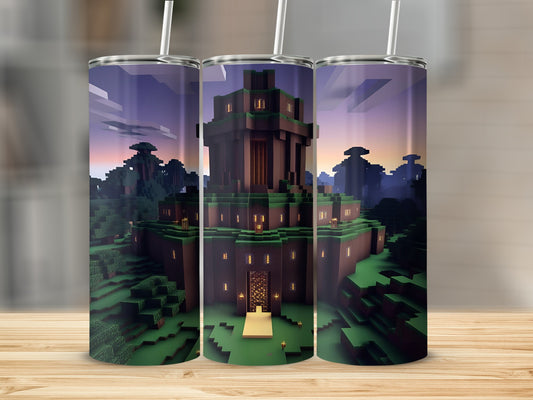 Minecraft-style castle with glowing windows on a forest landscape.