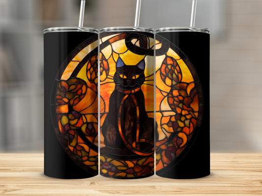 Black cat in stained glass design on a black tumbler with straw.