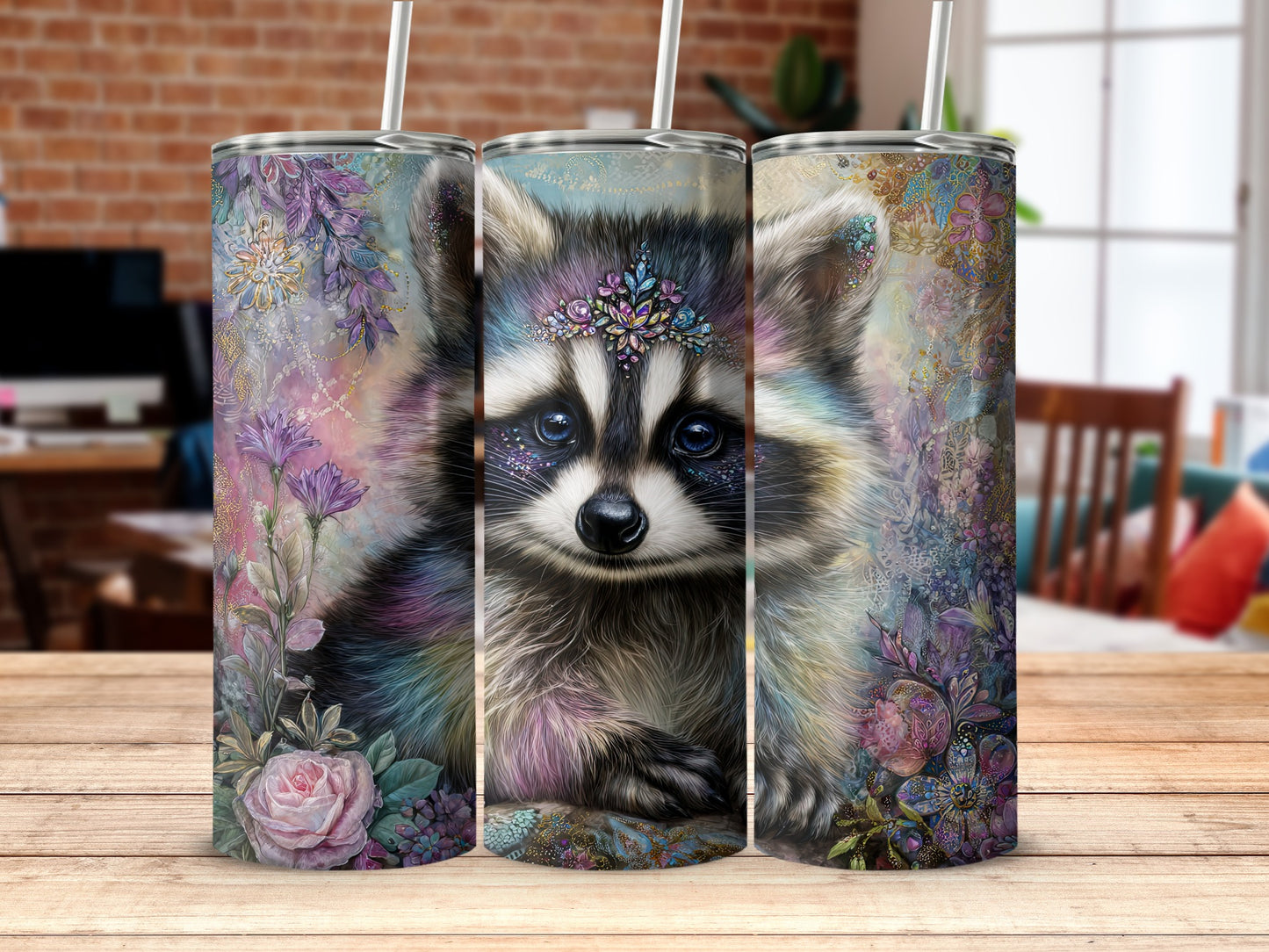 Cute Raccoon and Floral Design Tumbler Cup