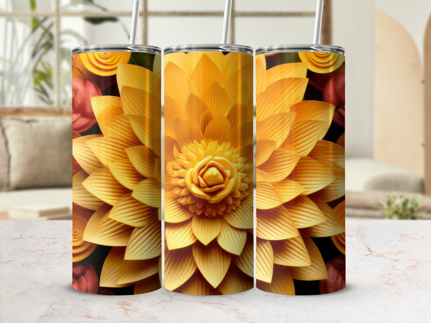 Bright Yellow Floral Design Stainless Steel Tumbler