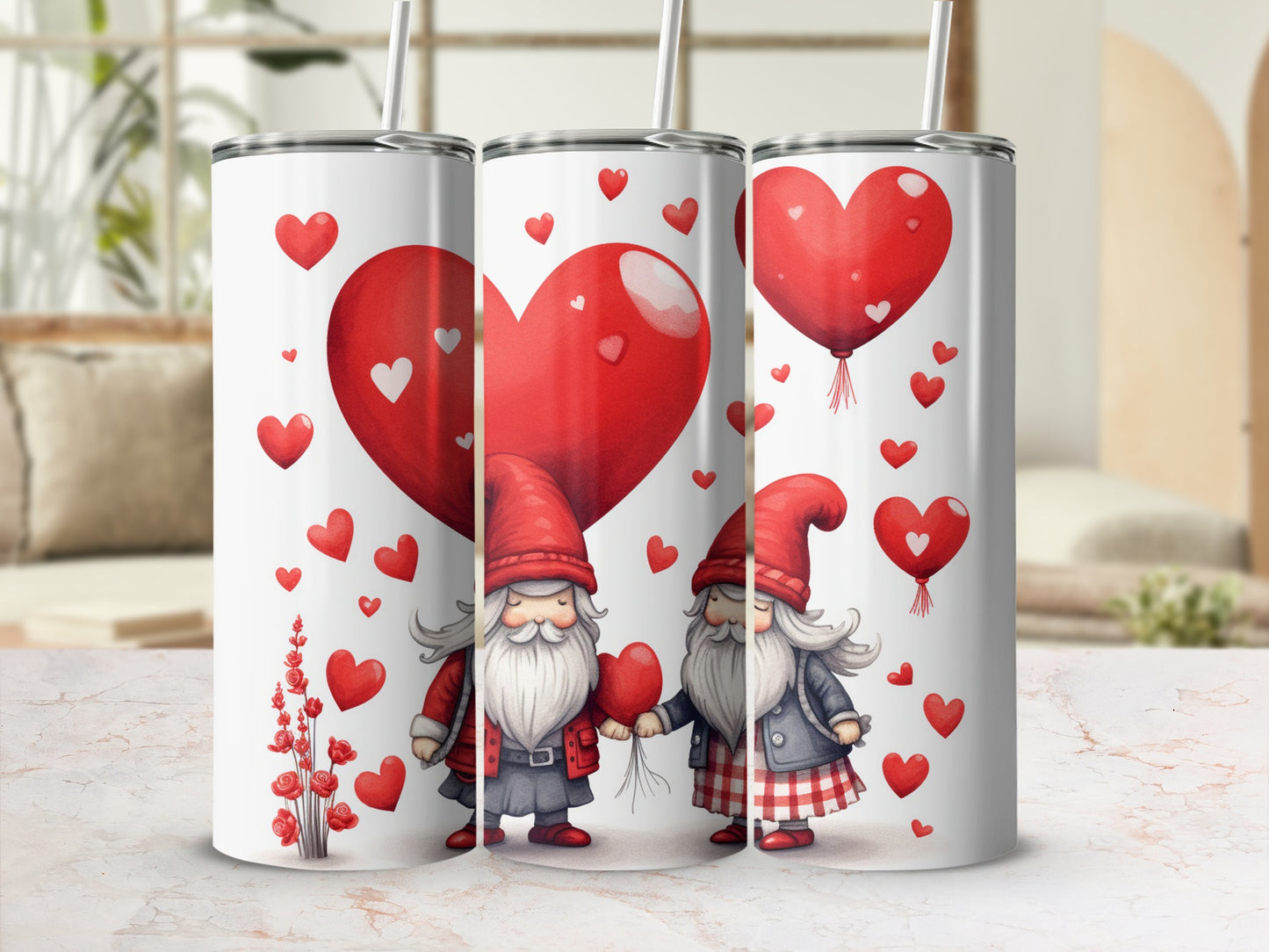 Cute Gnomes with Heart Balloons Valentine's Tumblers