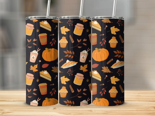 Three tumblers with a fall harvest pattern of pumpkins, pies, and leaves.