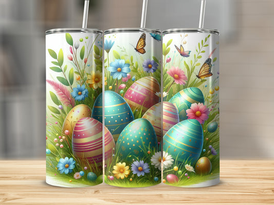 Easter eggs and butterflies on a spring floral background, three tumblers.