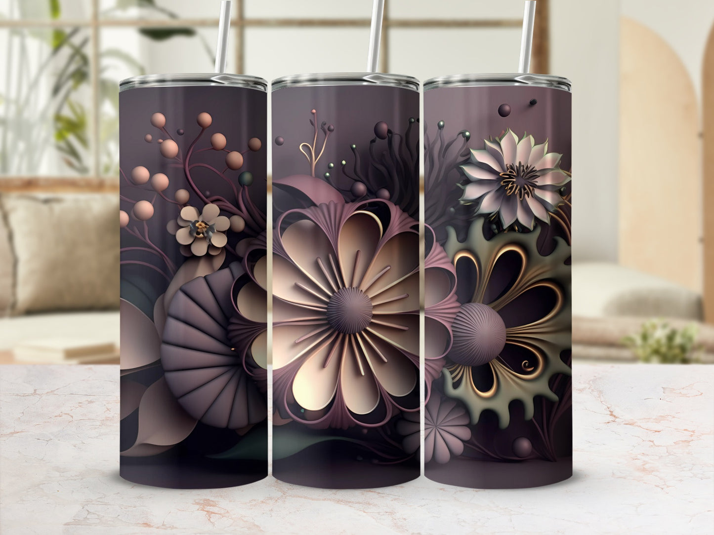 Elegant Floral Design Tumbler with Straw