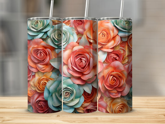 Three tumblers with a floral rose pattern in pastel colors.
