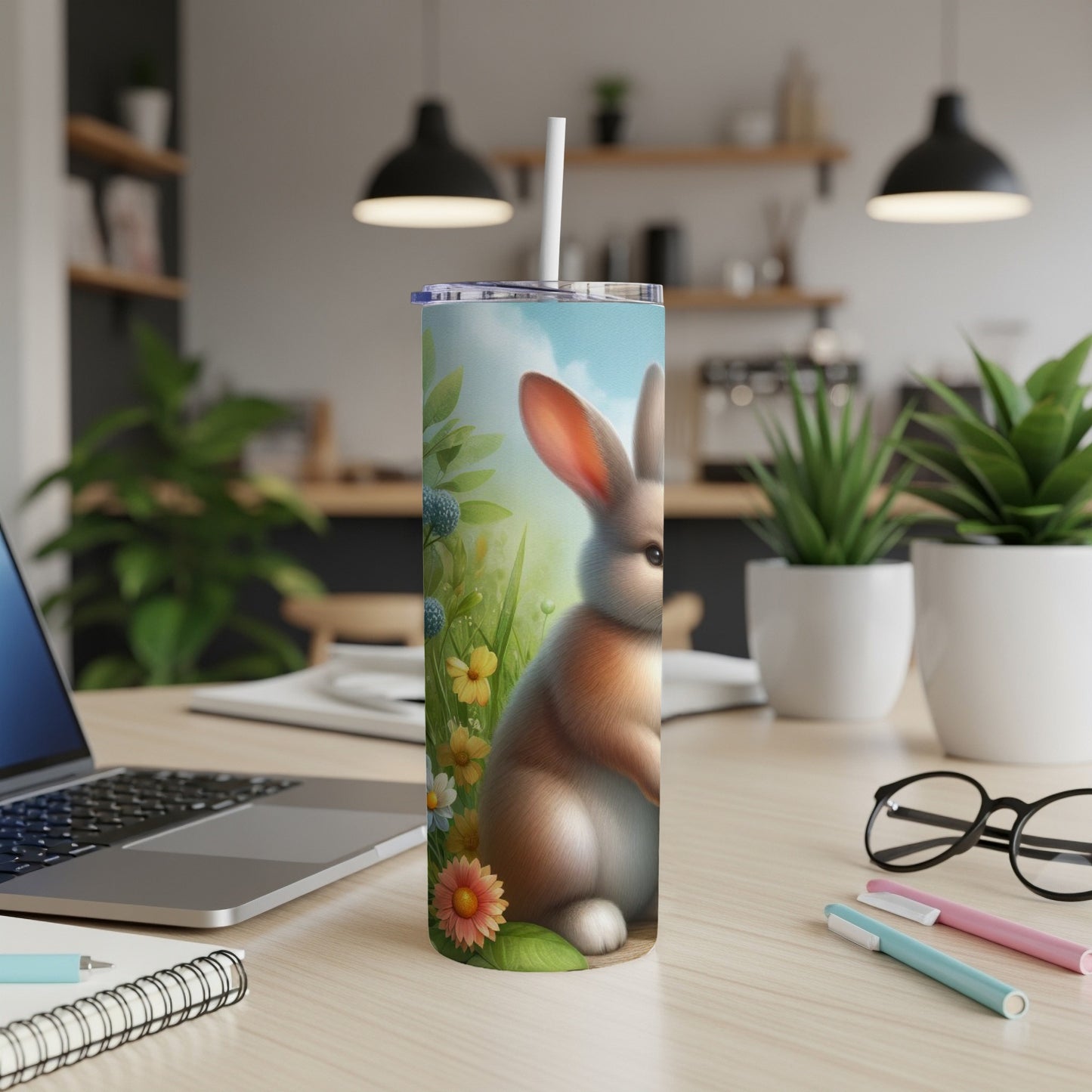 Easter bunny illustration on a white skinny tumbler with straw.