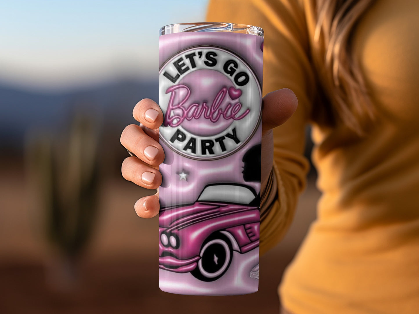 Let's Go Barbie Party Travel Mug with Pink Car Design