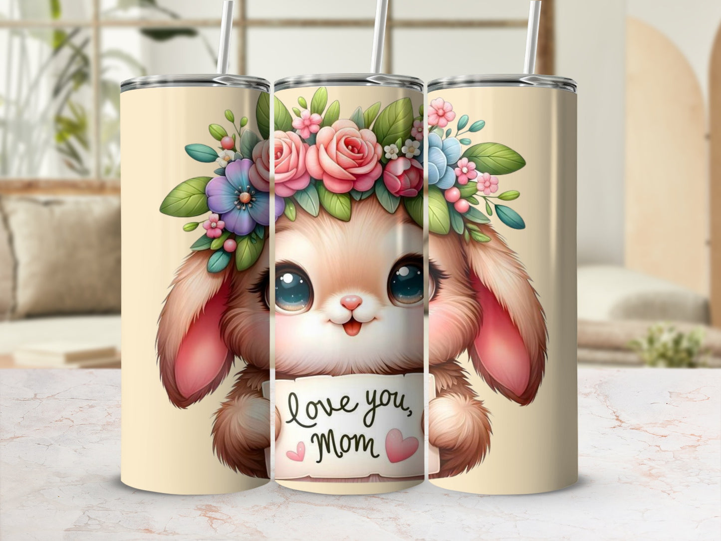 Love You Mom Bunny Floral Design Tumbler Cup Gift