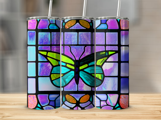 Three tumblers with stained glass butterfly and floral patterns.