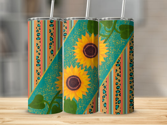 Three tumblers with sunflowers and leopard print stripes.