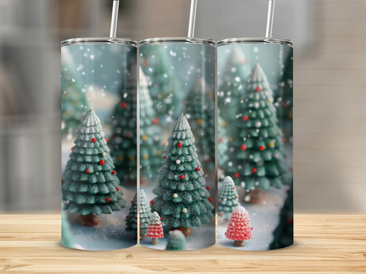 Three tumblers with a winter forest scene featuring snow-covered evergreen trees.