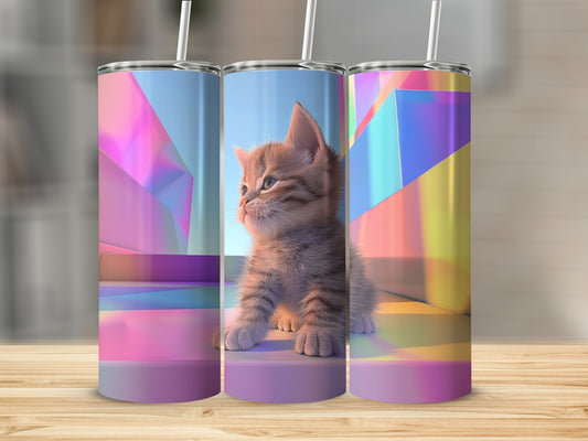 Three tumblers featuring a cute kitten against a geometric, colorful background.