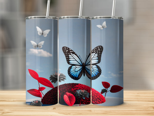 Blue and black butterfly on red flowers with clouds.