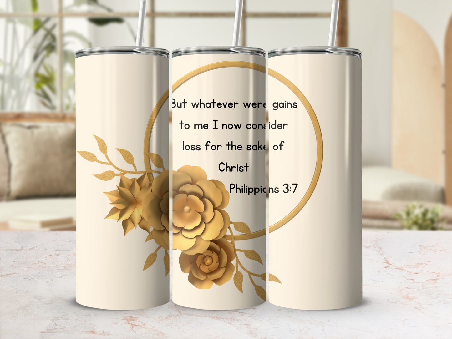 Philippians 3:7 Inspired Tumbler with Floral Design