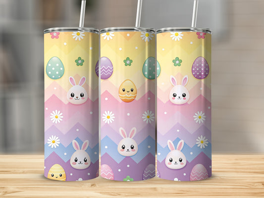 Three tumblers with Easter bunny and egg designs on a pastel chevron background.