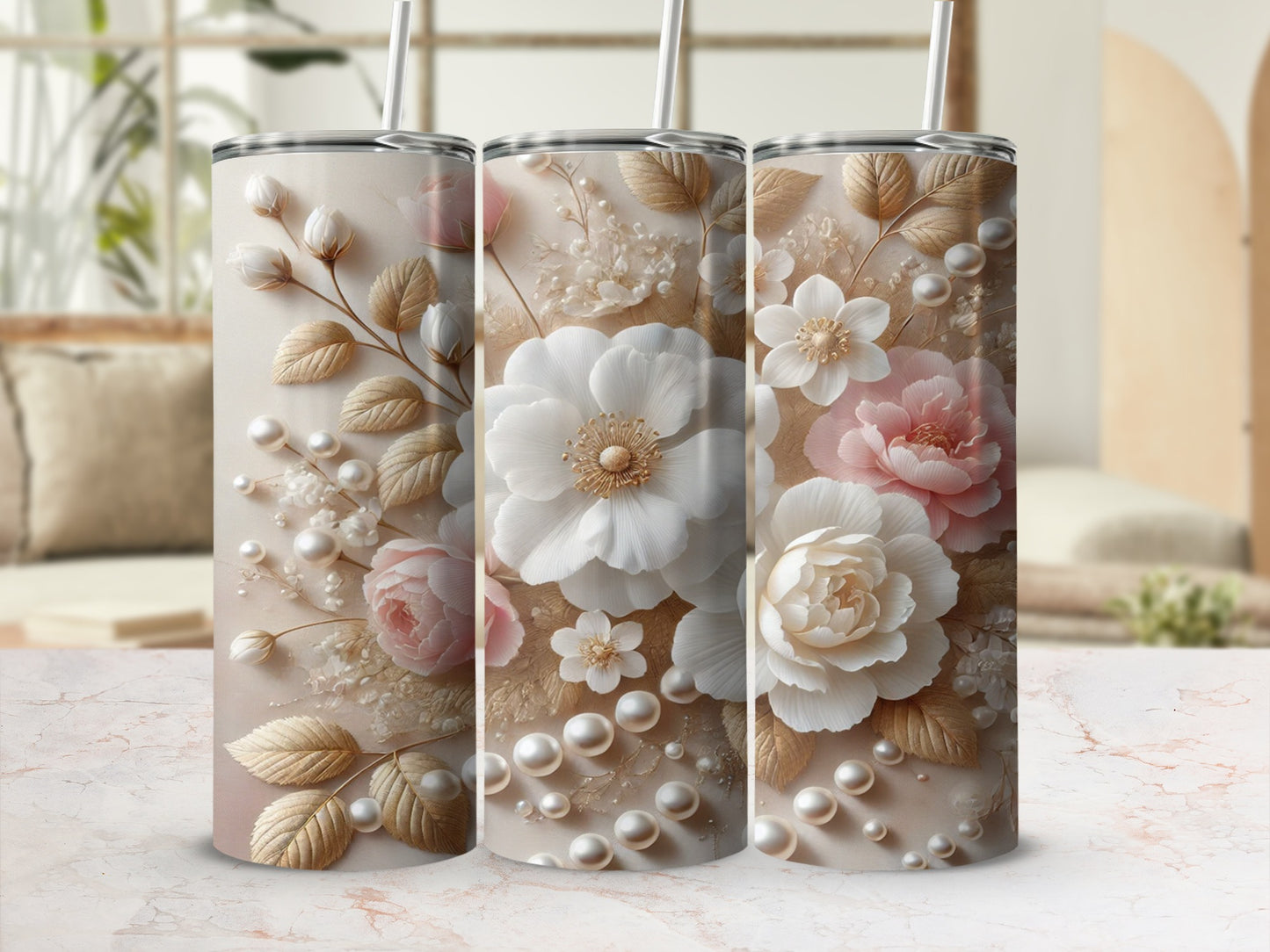 Floral and Pearl Decorative Travel Tumbler Cups