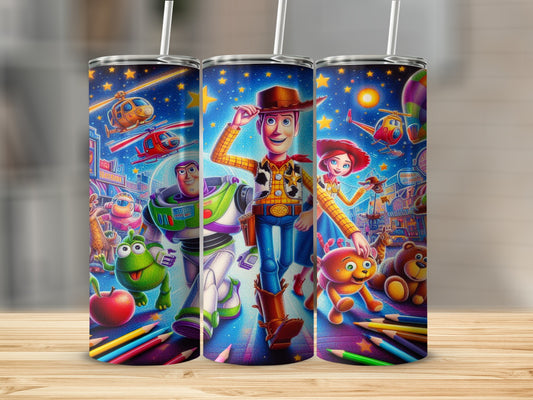 Woody, Buzz Lightyear, and friends from Toy Story on a colorful, starry background.